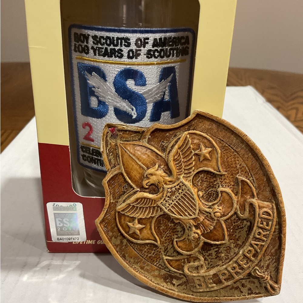 BSA Boy Scouts tumbler glass & vintage Be Prepared eagle crest wall plaque